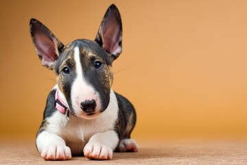 On a pink background, a cute young puppy of the bull terrier breed is seen resting, wearing a pink collar