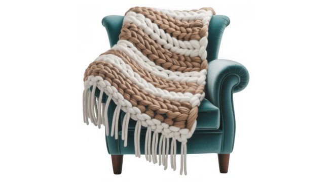 Teal armchair with chunky knit throw blanket in brown and white stripes isolated on a transparent background