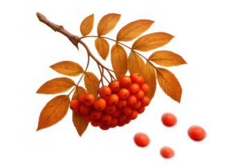 Rowan berry branch with orange autumn leaves and falling red berries, isolated on transparent background