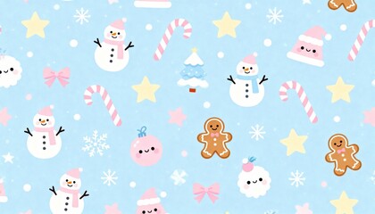 Pastel kawaii Christmas seamless pattern, candy canes, snowmen, gingerbread men, stars, cute minimal icons
