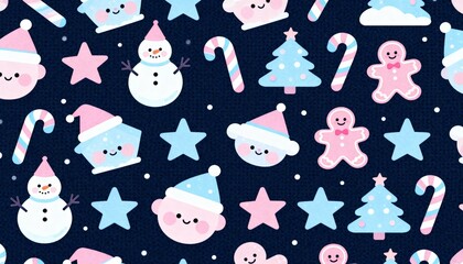 Pastel kawaii Christmas seamless pattern, candy canes, snowmen, gingerbread men, stars, cute minimal icons