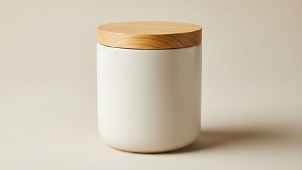 Minimalist White Ceramic Jar with Wooden Lid for Kitchen Storage.