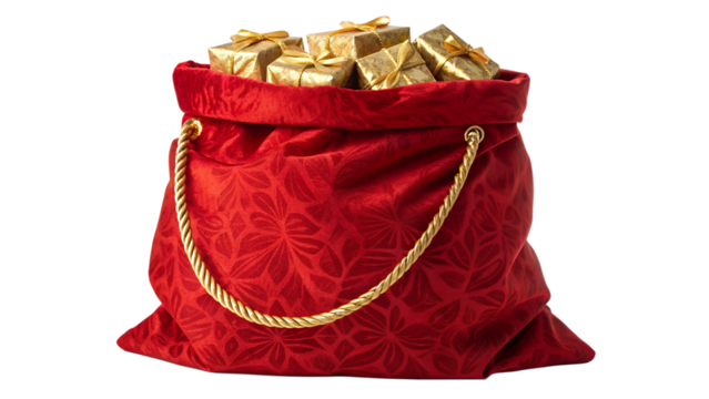 Red velvet Christmas gift sack with ribbon, isolated on a white background