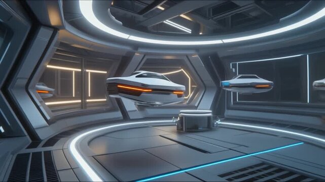 Futuristic car display in a high-tech showroom featuring sleek designs and modern architecture