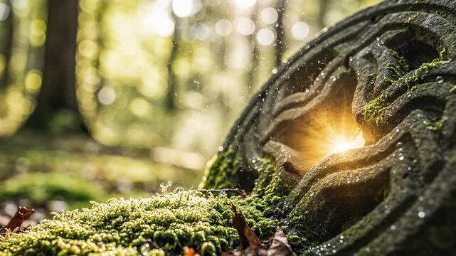 Mystical Forest Stone Carving with Glowing Light and Mossy Details.