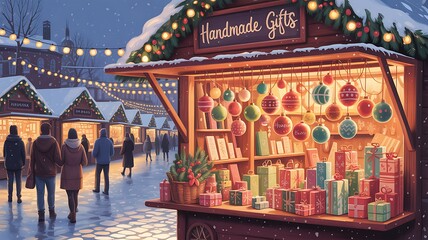 A charming winter christmas market stall displays a festive array of handcrafted ornaments and gifts illuminated by warm lights