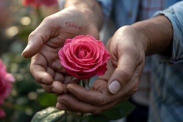 A pair of weathered hands gently cradles a perfect pink rose showcasing nature s delicate beauty and the tender care of a gardener
