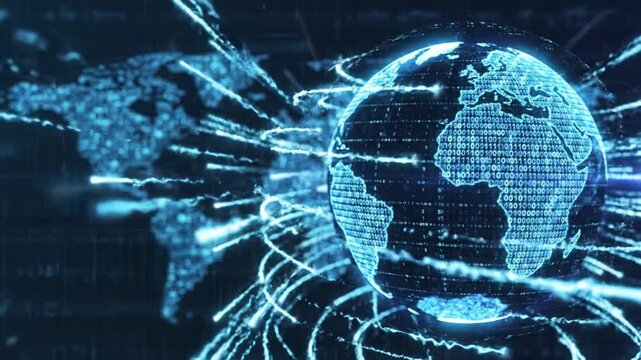 Dynamic digital globe with binary streams for global data flow and international connections, a modern technology and innovative network concept