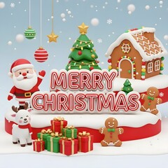 Fototapeta premium Whimsical christmas scene with santa claus gingerbread house and gifts