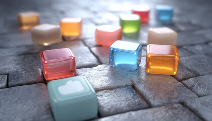 Floating glossy app symbols above smooth stone tiles