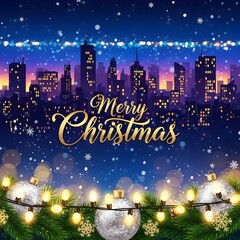 Naklejka premium Festive cityscape with merry christmas lights and ornaments