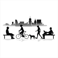 City Park Illustration with People, Dog, Bicycles and Benches Near Pedestrian Street in Business District with Office Buildings and Skyscrapers