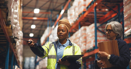 Talking, team and logistics with people in warehouse for shipping partner, supply chain and quality control. Export, inventory manager and ecommerce supplier with employees in factory for freight