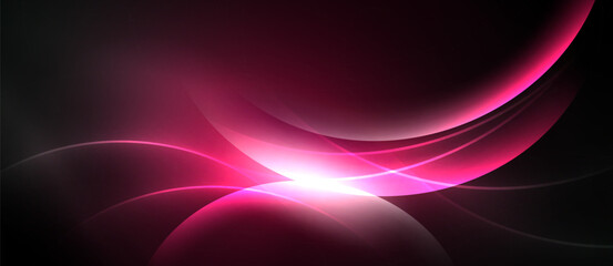 Abstract background features flowing curves, vibrant pink hues, dark shadows. Light radiates from central point creating dynamic effect.