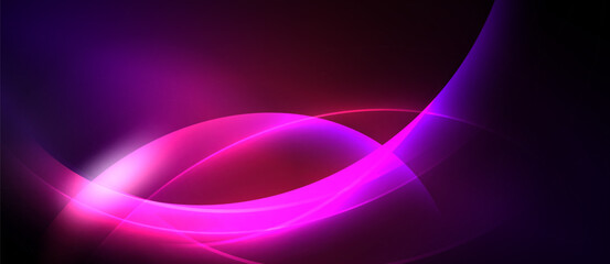 Abstract background features flowing curves, vibrant pinks, purples. Dramatic lighting creates dynamic visual impact. Smooth gradients dominate composition.