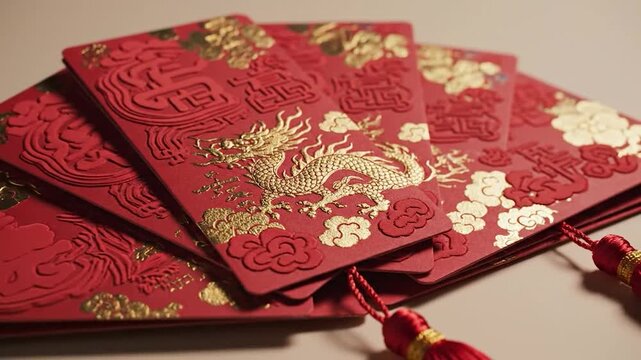 A stack of red envelopes decorated with gold dragon and floral designs, traditionally used for gifting money during Chinese New Year.