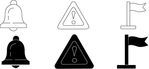 Set of notification warning and flag icons simple flat vector design elements isolated on white background