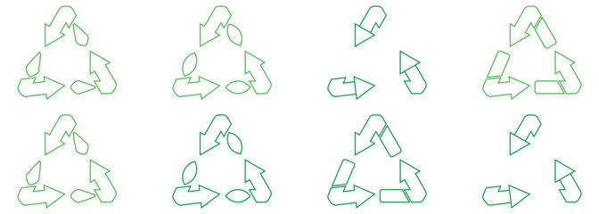 Recycle vector icon set. Arrows, heart and leaf recycle eco green symbol. Green Recycle Symbols Icons Set Illustration. Recycle arrow hand drawn pencil line icon set. 