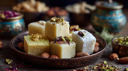 Delicious Indian sweets creamy and nutty burfi served on a decorative plate for festive occasions
