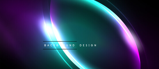 Abstract design features flowing curves, vibrant colors. Purple, teal, white blend creating dynamic visual effect. Modern background element.