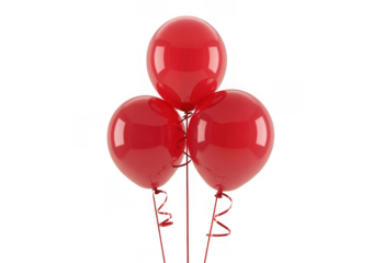 Three glossy red balloons tied together with red ribbons isolated on a transparent background