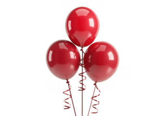 Three glossy red balloons with curled ribbons on black background isolated on a transparent background