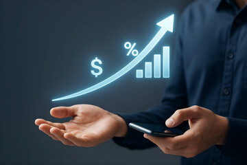 Man holding smartphone with rising financial graph hologram