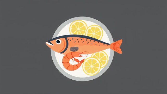 Cartoon illustration of a salmon fish on a plate, perfect for food and seafood design, vector art, or a simple ocean drawing. Flat vector of a stylized, perfectly cooked fish or a plate of simple 