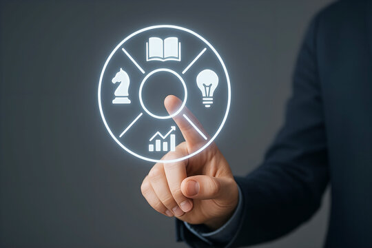 Businessman touching circular business strategy diagram with icons
