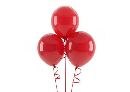 Three glossy red balloons tied together with red ribbons isolated on a transparent background