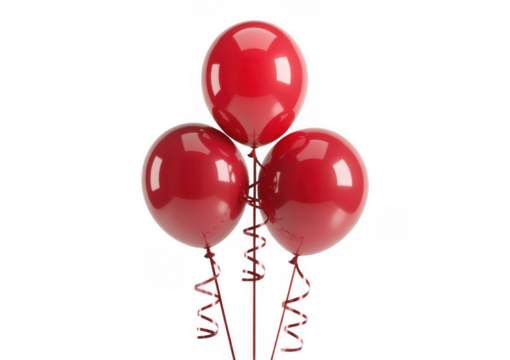 Three glossy red balloons with curled ribbons on black background isolated on a transparent background
