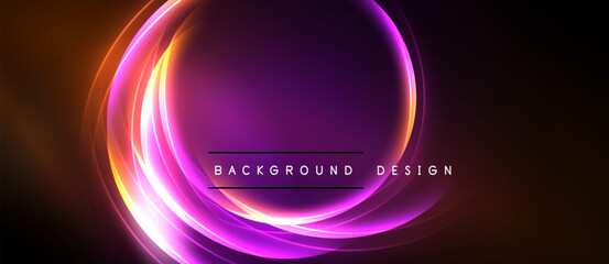 Abstract neon circles, vibrant purple, orange hues. Dark background creates dramatic visual effect. Text reads background design.
