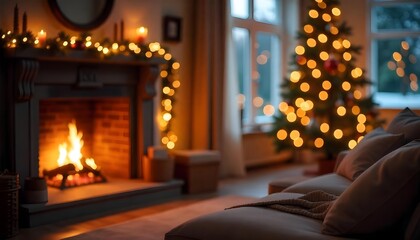 Obraz premium warm cozy Christmas living room background, fireplace glow, blurred Christmas tree lights,