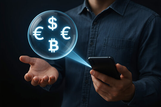 Person holding phone and holographic sphere with currency icons