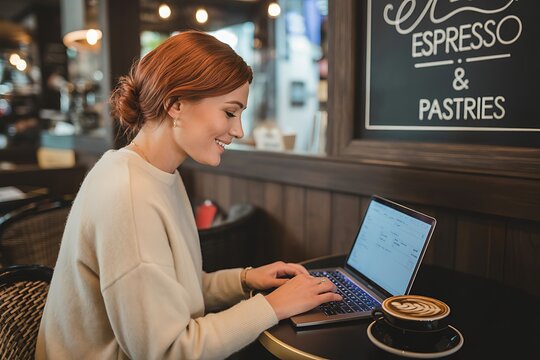 Young woman with red hair focused on her laptop in a cozy cafe enjoying a coffee and pastries