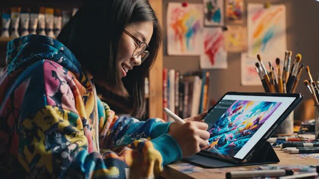 Creative person drawing on a digital tablet with stylus in an art studio setting - Powered by Adobe