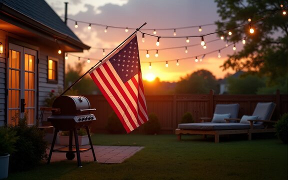 American flag hanging in backyard with string lights and barbecue grill, sunset family gathering concept. High quality