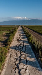 Cracked Pathway Through Green Cultivated Fields Leading Towards Distant Mountains and Sea Under Blue Sky