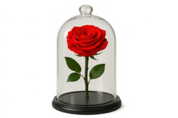 Red preserved rose showcasing eternal love and cherished romance inside a glass dome cloche, transparent background
