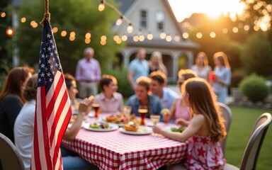 American flag on a patio full of guests enjoying a Memorial Day barbecue, children playing in the background. American family and friends celebrating the 4th of July, Independence Day. Copy space