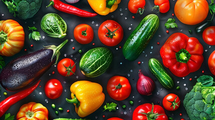 Colorful fresh vegetables and herbs pattern on dark black fabric background. Healthy eating concept.