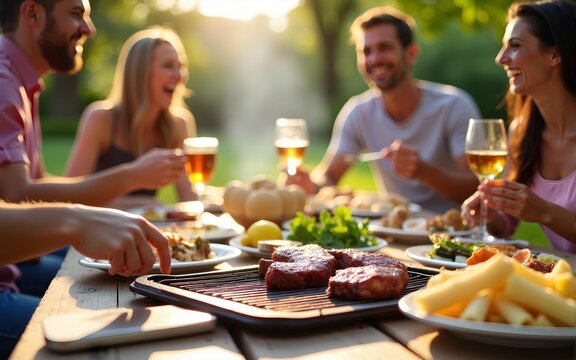 Friends and family enjoy barbecue picnic in sunny summer garden. Juicy steaks grilled, diverse food on wooden table. People eat together, have fun laughing and drinking outdoors. High quality