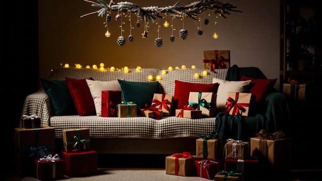 Cozy Christmas Living Room Decor with Gifts Presents Underlit by Warm String Lights