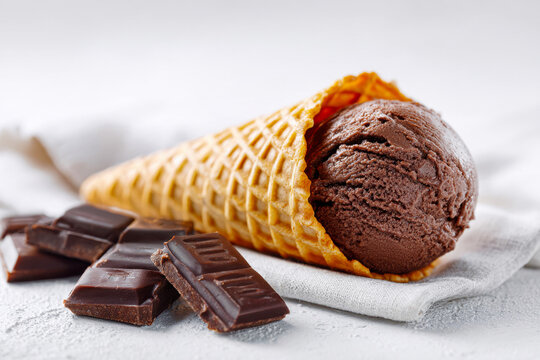 Chocolate ice cream in a waffle cone with pieces of chocolate next to it