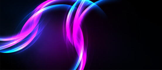 Abstract flowing ribbons, vibrant pinks, blues against dark background. Dynamic curves create energy, modern aesthetic.