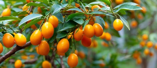 Ripe kumquats growing on a citrus tree branch