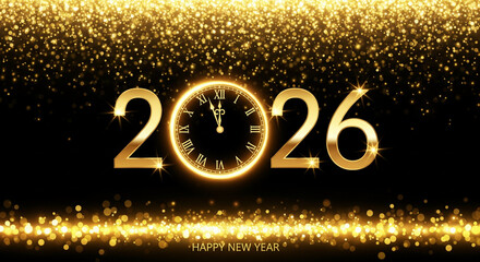 New Year 2026 Golden Glitter Celebration with Clock