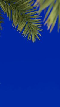 Vertical 4K animation featuring green palm leaves against a vivid blue screen background, perfect for tropical and nature-themed 3D render projects.
