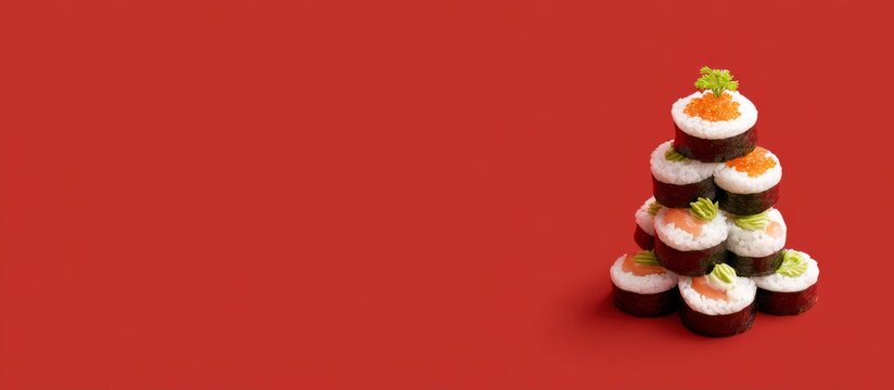 Sushi christmas tree creating festive holiday food display, copy space