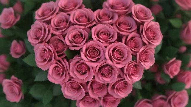 "Heart-shaped arrangement of pink roses surrounded by lush petals and green leaves on a vibrant backdrop."